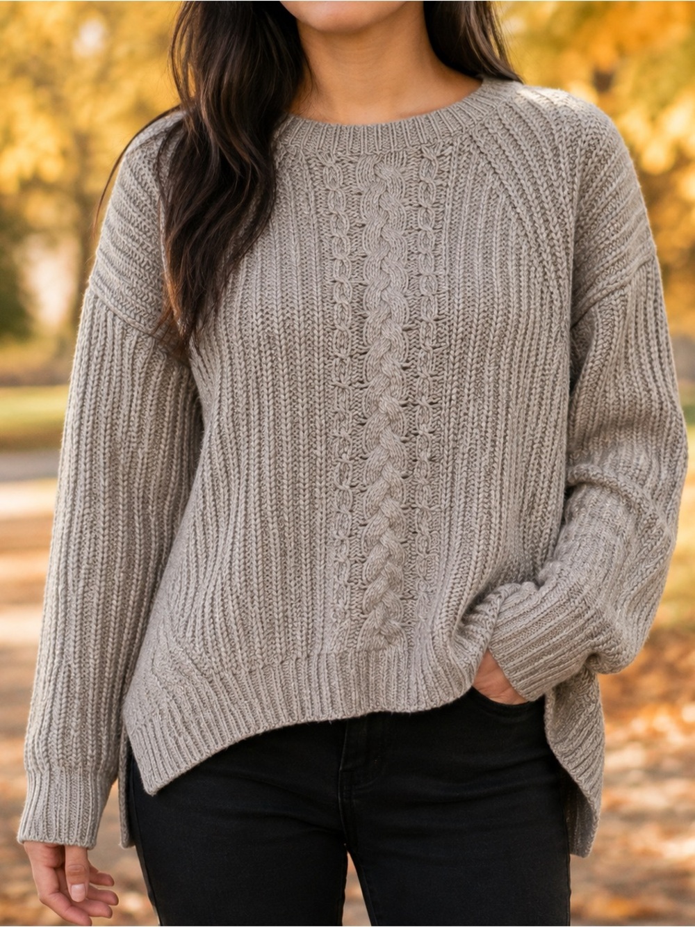 Aerie Cable Knit Wool Blend Oversized Cozy Sweater Taupe XS cottage core